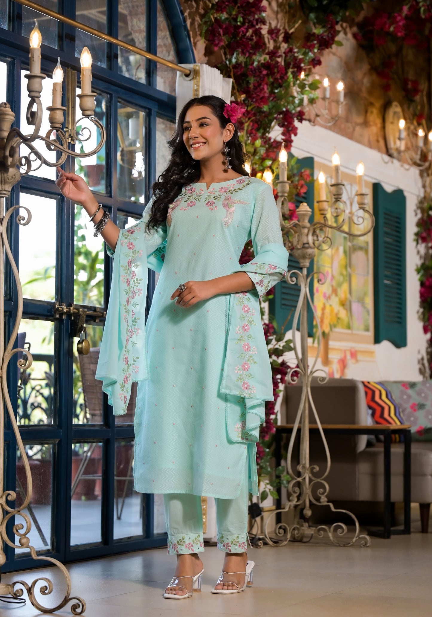 cotton dobby suit with appliqué work Aline Kurti with pants and dupatta