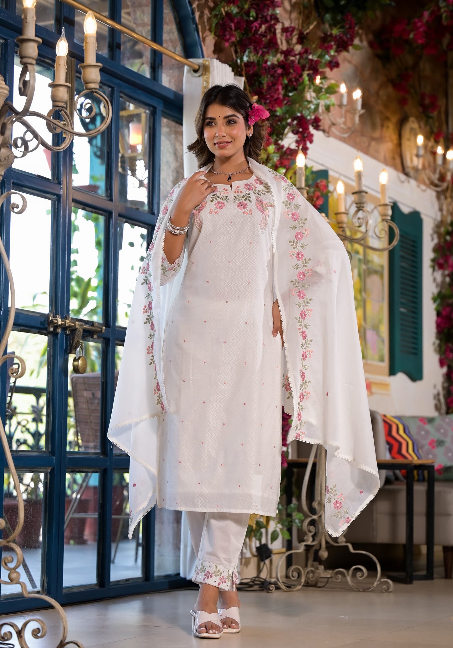cotton dobby suit with appliqué work Aline Kurti with pants and dupatta